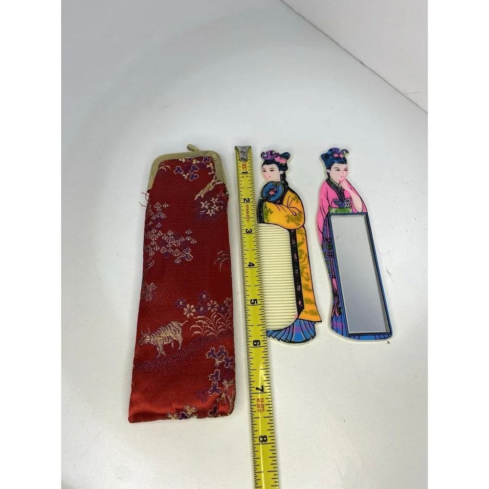 Vintage Geisha Girls Painted‎ Comb & Mirror Set Hong Kong Collectible Vanity Art